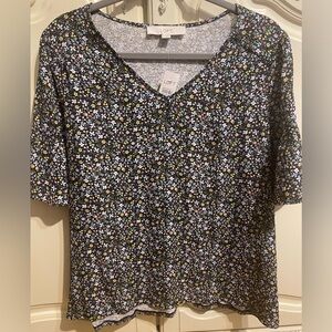 LOFT White and Blue Short Sleeve Blouse